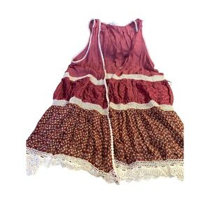 small Boho Floral Crochet‎ Lace Trim Kimono Vest Sleeveless Top Red